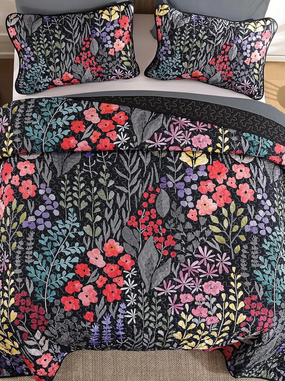 Floral Garden Queen Quilt Set - Black with Multicolor Flowers